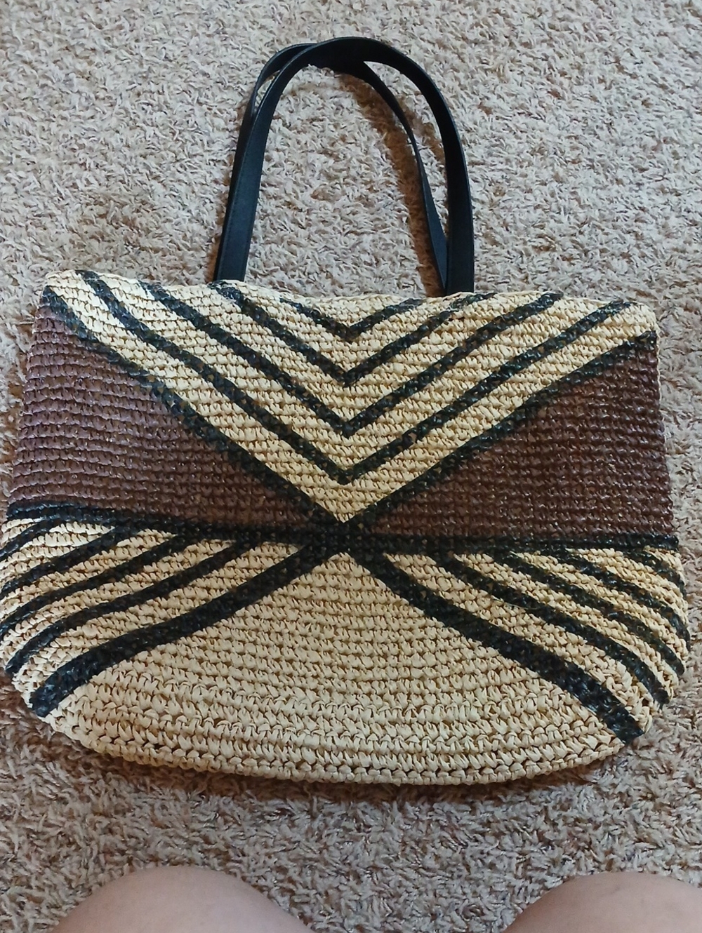 Rachel Zoe Beige Straw Tote with Black Stripes and Brown Panel